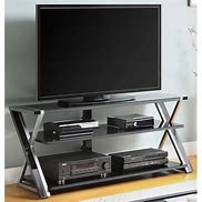 Image result for Black TV Stand Swing Drawers and Shelf