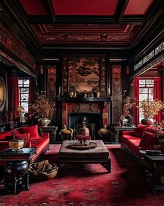 Modern Chinese Home Interior – Red and Dark Wood Accents