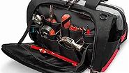 Waterproof Tool Bags for Men or Women, 16-inch Wide Mouth Tool Tote Bag with 25 Pockets for Tool Organizer & Storage, with Adjustable Shoulder Strap (16IN, Black/Red)