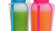 KindGa Collapsible Juice Bottle with Cap for Juicing & Water 16oz Unbreakable - Reusable Foldable Drink Pouches with Straws | Leak Proof Travel Must Haves Silicone Bottle 2 Pack- Crystal Pink-Blue