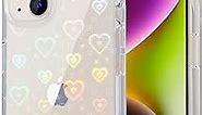 Tksafy Case Compatible iPhone 14 Case, Clear Glitter Cute Laser Holographic Love Heart Pattern for Women Girls, Anti-Yellow Hard PC Protective Phone Cover for iPhone 14 6.1-inch 2022, Rainbow Heart