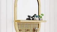 Wall Mirror with Shelf and Coat Hooks, 22" Entryway Decorative Mirrors for Wall Wood Framed Bathroom Mirror Oval Boho Small Wall Mirrors for Bathroom Bedroom Entryway Living Room