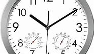 WOOPHEN 12 Inch Silent Non Ticking Wall Clock Sweep Movement Silver Aluminum Frame Glass Cover, for Office, Home, Bathroom, Kitchen, Bedroom, School, Living Room (Silver)