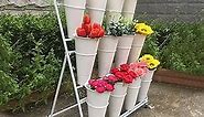 Flower Display Stand with 12pcs Plastic Buckets Iron Plant Stand with 4 Universal Wheel, 3-layers Metal Moving Florist Bouquet Shelf for Fresh Flower Shop, 100*50*110cm ( Color : White )