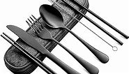 DEVICO Portable Utensils, Travel Camping Cutlery Set, 8-Piece including Knife Fork Spoon Chopsticks Cleaning Brush Straws Portable Case, Stainless Steel Flatware set (Black)