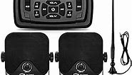 Boats Marine Radio Bluetooth and Speakers Audio System Package - Waterproof Marine Stereo Receiver+ 1 Pari 4 inches Black Speakers + Antenna for Boats ATV UTV Motorcycle 306.301B.056B