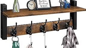 Homode Wall Hooks with Shelf, Wood Coat Rack with Shelf Wall-Mounted, Entryway Hanging Shelf with 5 Metal Hooks for Clothes Hats Towel Purse Robes, Bathroom Mudroom Bedroom, Rustic Brown Black