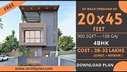 20x45 House Design 3D | 900 Sqft | 100 Gaj | 4 BHK | Modern Design | Terrace Garden | 6x14 Meters