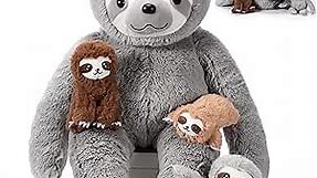 Kasyat 5 Pcs Sloth Plush Toy Set 1 Mommy Sloth Stuffed Animal with 4 Cute Plush Babies in Her Belly 13 Inch Soft Cuddly Nurturing Sloth Plushie for Sleeping Birthday Gifts Party Favors (Gray)