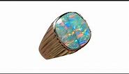 Mens Opal Ring Solid 14k Gold - Square Opal with Ribbed Band - 7614 | FlashOpal