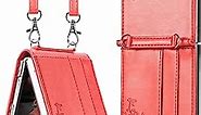 Crossbody Lanyard Case for Samsung Galaxy Z Flip 4 5G, Galaxy Z Flip 4 Wallet Case with Card Holder, Flower Embossed Premium PU Leather Wrist Strap Flip Protective Phone Case Cove - Red