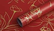 118"x17.3" Peel and Stick Wallpaper Gold and Red Contact Paper Floral Wallpaper Self Adhesive Removable Wallpaper Contact Paper for Walls Covering Vinyl Rolls