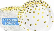 DYLIVeS 80 Count White and Gold Paper Plates, 7 inch Metallic Foil Polka Dots Disposable Dessert Party Plates Cocktail Party Supplies Plates for Birthday, Bridal Shower, Easter, Graduation Party