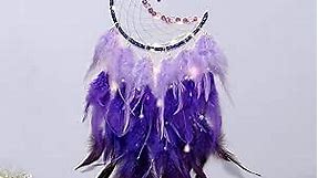 Dremisland Moon Dream Catcher with Fairy Lights-Handmade Colorful Feather Lucky Turquoise Pendant Beads Wall Hanging Ornament for Kids Bedroom Home Decoration,Art Craft Gift. (Blue Purple)
