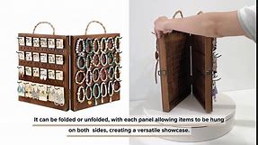MOOCA Wooden Foldable and Portable 2 Panel Pegboard Jewelry Display Organizer with 48 Removable Black Hooks & Convenient Rope Handle for Easy Carrying, Dual-Sided Panels for Hanging, Brown Color