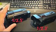 Comparing 4K camcorders for size differences. Sony FDR-AX43 vs. Panasonic HC-VX870