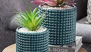 MyGift 6 Inch Ceramic Round Planter Pot, Set of 2 Vintage-Style Turquoise Ceramic Flower Pots, Indoor Hobnail Textured Cylindrical Succulent Plant Containers