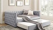 Flieks Upholstered Full Size Daybed with Twin Trundle, Full Size Button Tufted Sofa Bed Daybed with Copper Nail on Square Arms and Wood Slat Support (Grey)