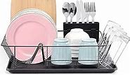 TOOLF Large Capacity Dish Drying Rack with Cutlery Holder, Removable Drip Tray, Cup Holder - Compact Countertop Kitchen Drainer, Black