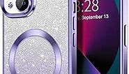Hython for iPhone 13 Case Clear Magnetic Glitter Phone Cases [Compatible with MagSafe] Full Camera Lens Protector Gradient Sparkle Luxury Plating Shockproof Protective Cover Women, Square/Light Purple