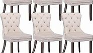 KCC Velvet Dining Chairs Set of 6, Upholstered High-end Tufted Dining Room Chair with Nailhead Back Ring Pull Trim Solid Wood Legs, Nikki Collection Modern Style for Kitchen, Beige