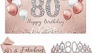 Trgowaul 80th Birthday Decorations for Women, Rose Gold 80th Birthday Backdrop Banner, 80 & Fabulous Sash, 80th Birthday Tiara Crown, Pink Party Supplies, Happy 80 Year Old Birthday Ideas Favor