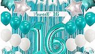 Sweet 16 Party Decorations Teal 16th Birthday Decorations for Girls Sweet 16 Birthday Banner 16 Teal Blue Balloons Birthday Sash and Caketopper