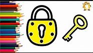 How to draw a lock and key. Coloring page/Drawing and painting for kids. Learn colors.
