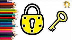 How to draw a lock and key. Coloring page/Drawing and painting for kids. Learn colors.