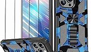 Compatible with iPhone 14 Pro Max Case with 2 Screen Protector, Built-in Kickstand Camouflage Heavy Duty Military Grade Shockproof Protective Cover for iPhone 14 Pro Max 6.7’’(Blue)