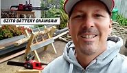 Ozito Brushless Chainsaw 36v: Quick Demo on my DIY Sawbuck. 356mm Chain, Battery powered. BUNNINGS.