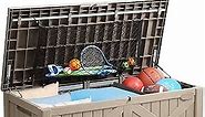 YITAHOME 120 Gallon Large Deck Box w/Flexible Divider & Storage Net, Resin Outdoor Storage Boxes, Waterproof Cushion Storage Bench for Patio, Pool Supplies, Garden Tools - Lockable, Light Brown