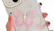 ooooops Compatible with iPhone 14 Case for Women Girls, Glitter Golden Butterflies, Cute Love Heart Shaped Pattern, Slim Hard Panel Clear Protective Phone Case Cover for iPhone 14 (Pink Butterfly)