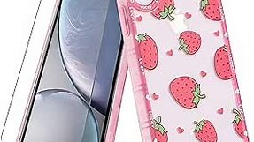 MZELQ Compatible with iPhone XR Case Red Strawberry Cute Pattern, Soft TPU iPhone XR Case for Girls Women + 1* Screen Protector, Camera Hole Protective for iPhone XR Case 6.1 inch