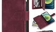 ZZXX iPhone 12 Mini Wallet Case with Card Slot Premium Soft PU Leather Zipper Flip Folio Wallet with Wrist Strap Kickstand Protective for iPhone 12 Mini Case Wallet(Wine Red 5.4 inch)