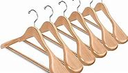 Amber Home 6 Pack Wide Shoulder Wooden Suit Coat Hangers with Non Slip Pants Bar, Solid Wood Jacket Clothes Hangers Smooth Finish for Sweater, Pants, Heavy Clothes (Natural, 6 Pack)