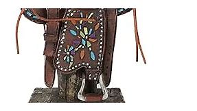 Ebros Gift Rustic Western Faux Tooled Leather Cowboy Horse Saddle With Colorful Longhorn Cow Patterns On Wooden Stand Decorative Figurine Southwestern Accent