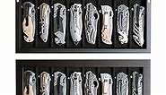 Besforu Knife Display Case Organizer storage 8 pocket knives, Folding Knife Holder with Real Glass Window Top， Pocket knife collection box for men gift (Ebony Veneer 8 slot)