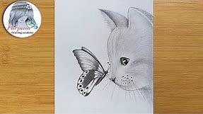 How to draw a cat with butterfly - pencil sketch for beginners || step by step drawing