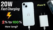 iPhone 15 Charging Test | full Battery charged time 0% to 100% | iPhone 15 battery draining test