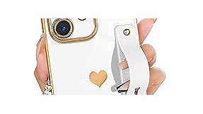 Petitian for iPhone 12 Square Case Loopy Stand/Strap, Luxury Cute Women Girls Heart Electroplated Designer Squared Edge Phone Cases for 12, White