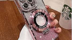 Magnetic Kickstand (Glitter Lens Protector ) Case for iPhone 15 14 13 12 Pro Max (Compatible with Magsafe ) Sparkling Diamond Cover Glitter Shiny Rhinestone Cases (Pink,for iPhone 13 Pro Max)