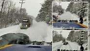 Speeding driver crashes into plow while trying to pass a semi on snowy NY road, wild video shows