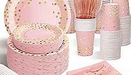 175PCS Pink Rose Gold Plates Napkins Party Supplies, Severs 25 Disposable Party Pink Plates, Plastic Forks Knives Spoons, Golden Dot Paper Plates, Napkins Cups for Baby Shower Decorations Pink Party