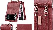 XIMAND for Samsung Galaxy Z Flip 4 Case with Leather Wallet,Wristlet Strap Zipper Cash Slot and Credit Card Holder Wallet,Hinge Part Protected,Fashion Handbag for Women Ladys.(Dark Red)