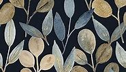 BaoHArtHome Gold Leaf Vintage Wallpaper Peel and Stick Wallpaper Black Contact Paper Removable Vinyl Floral Boho Watercolor Retro Wall Paper Renter Friendly for Bedroom Wall Mural 17.7in x 32.8ft