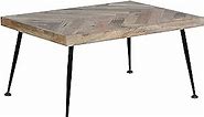 36-Inch Rectangular Mango Wood Coffee Table, Herringbone Design, Iron Legs