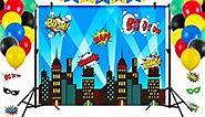 DECORLIFE Superhero Party Decorations, 6.4 x 4.9ft Photography Backdrop, 60pcs Balloons, Slap Bracelets, Stickers, Photo Booth Props and Happy Birthday Banner for Superhero Birthday Party