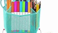 Rotating Pencil Holder - Pen Holder for Desk - 360 Degree Rotating Pen Caddy Holders Desk Organizer with 5 Compartments - Mesh Desktop Stationary Organizer for Home, Office with 10 Clips (Green)