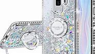 Silverback for Galaxy S9 Plus Case, Moving Liquid Holographic Sparkle Glitter Case with Kickstand, Bling Diamond Rhinestone Bumper Ring Stand Samsung Galaxy S9 Plus Case for Girls Women-Clear Silver